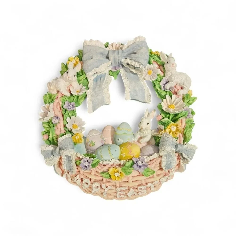 Vintage 1990s Easter Bunny Wreath – Hand-Painted Resin w/ Original Box